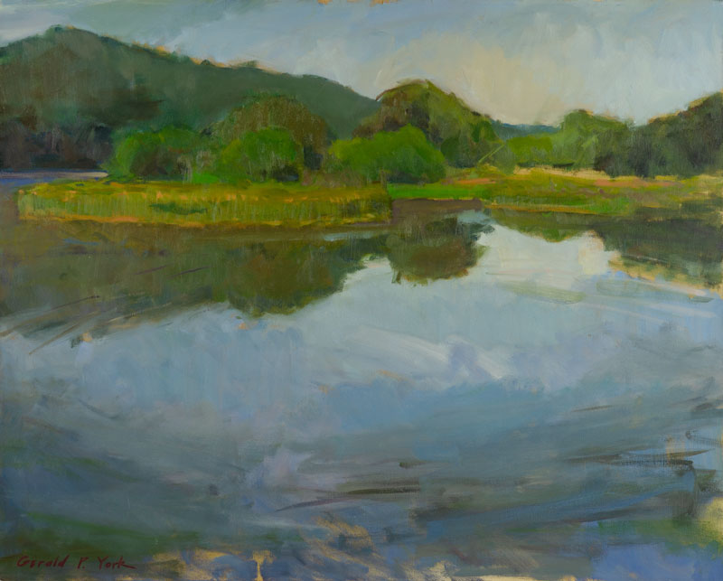 gerald york landscape oil painting of the housatonic river at the Yale Crew start line